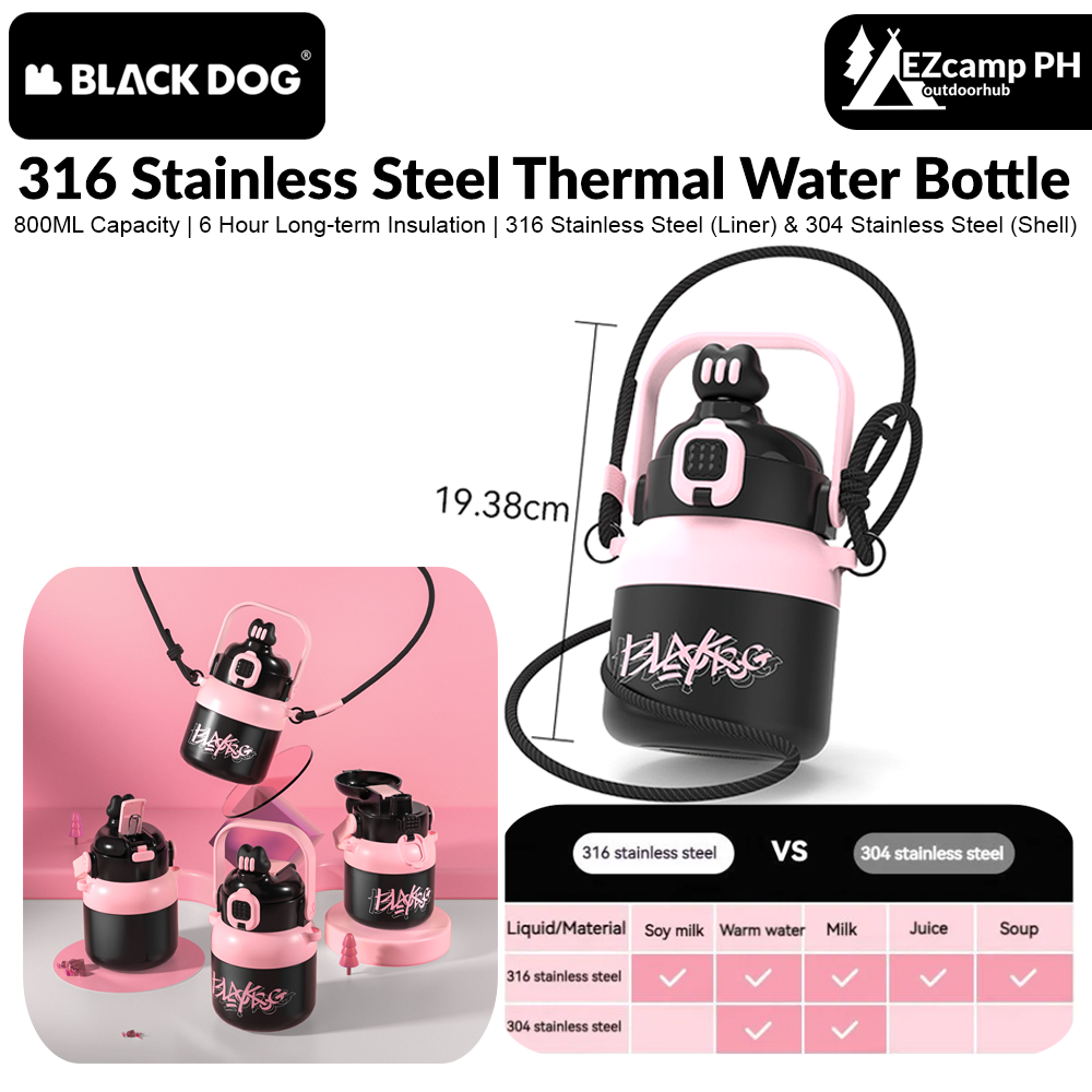 BLACKDOG 316 Stainless Steel Thermal Water Bottle 800ML With Straw Portable Insulation Cup Female Stainless Steel High Temperature Resistant Large Capacity Cute Sports GYM Water Cup Drinkware Camping Hiking Travel Picnic Outdoor Original Black Dog