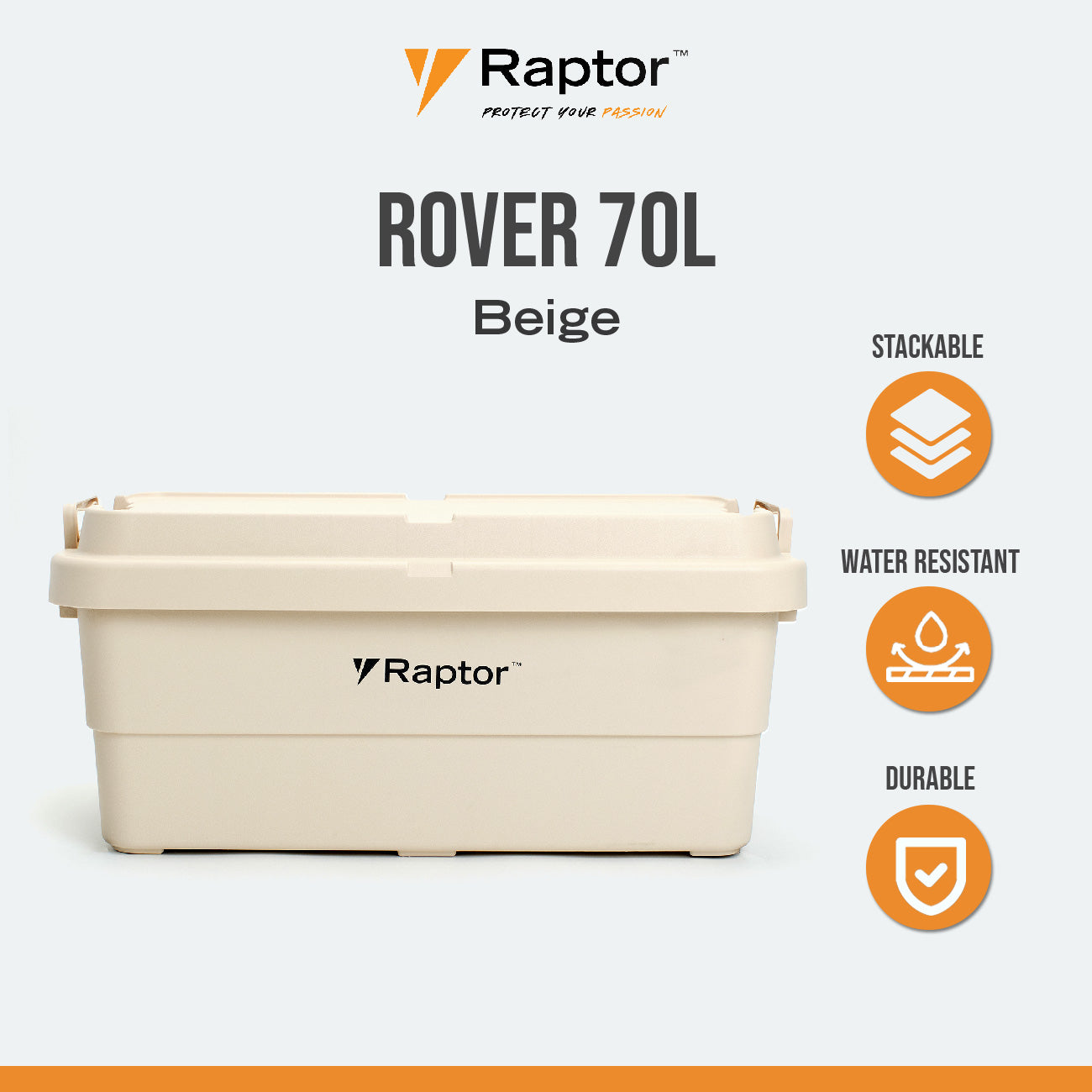 Raptor ROVER Series Storage Rig Box Multipurpose Organizer 30L 50L 70L Large Capacity Reinforced Grid Lid Stackable & Nesting Design Wood Tabletop