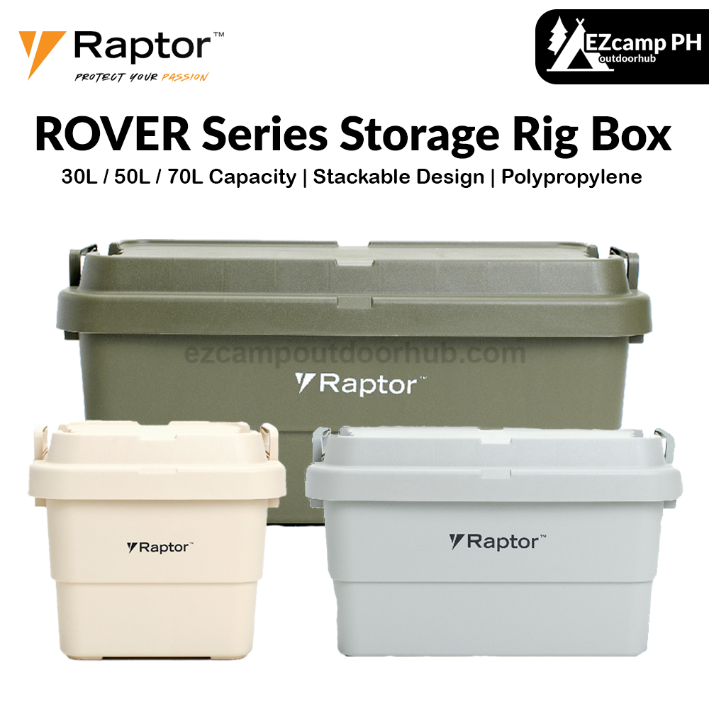 Raptor ROVER Series Storage Rig Box Multipurpose Organizer 30L 50L 70L Large Capacity Reinforced Grid Lid Stackable & Nesting Design Wood Tabletop