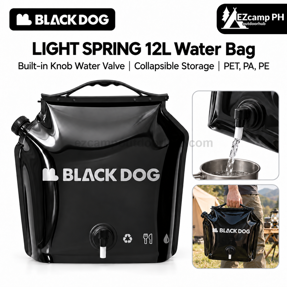 Blackdog LIGHT SPRING 12L Water Bag Portable Black Outdoor Camping Storage Bladder Bag With Faucet