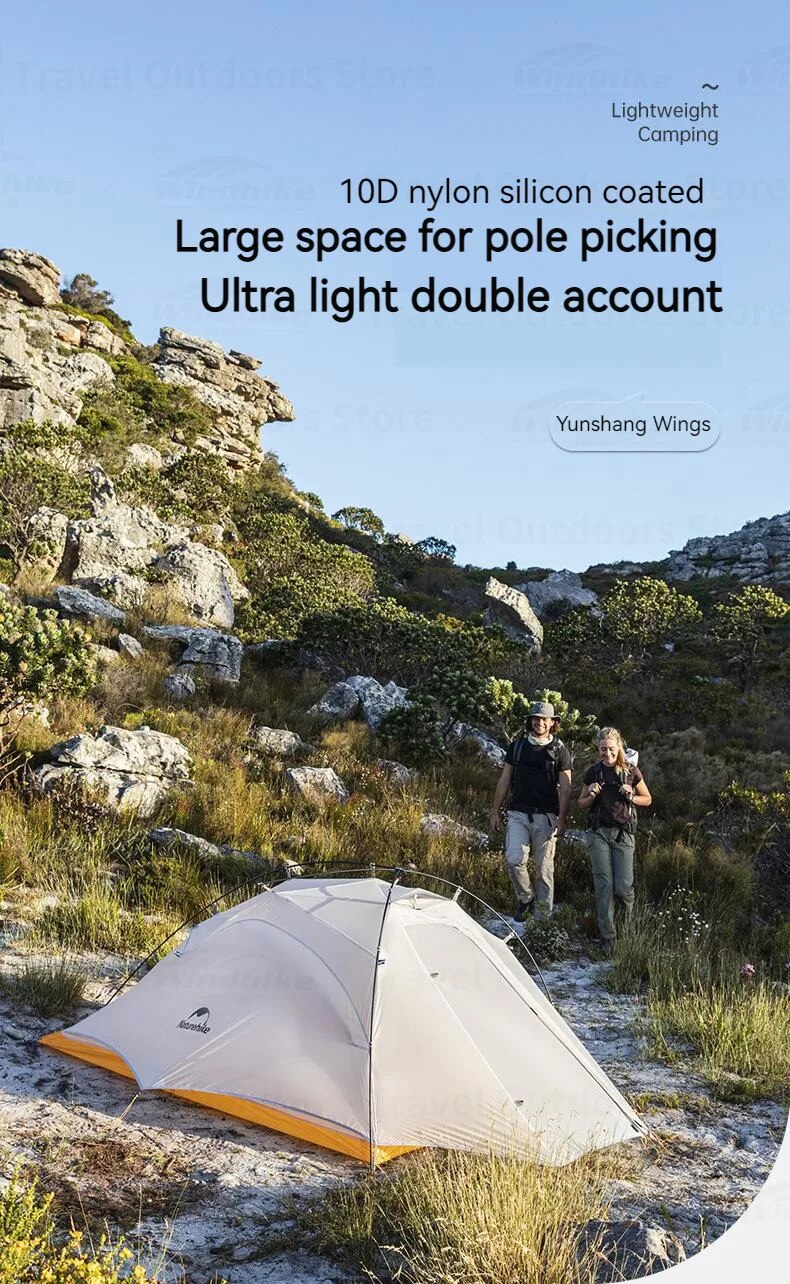 Naturehike CLOUD UP WING 2 10D Super Light Hiking Backpacking Tent for 1 to 2 Person Waterproof Windproof Ultralight 1.25kg Outdoor Camping 4 Season Tent 7 Series Aluminum Alloy Nylon Coated Silicon Nature Hike