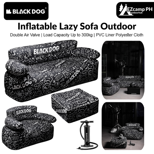 BLACKDOG Inflatable Lazy Sofa Outdoor 1-2 Persons Portable Leisure Graffiti Print Square Stool Folding Air Couch Sofa Camping Hiking Travel Picnic Beach Folding Home Sofa Set Original Black Dog