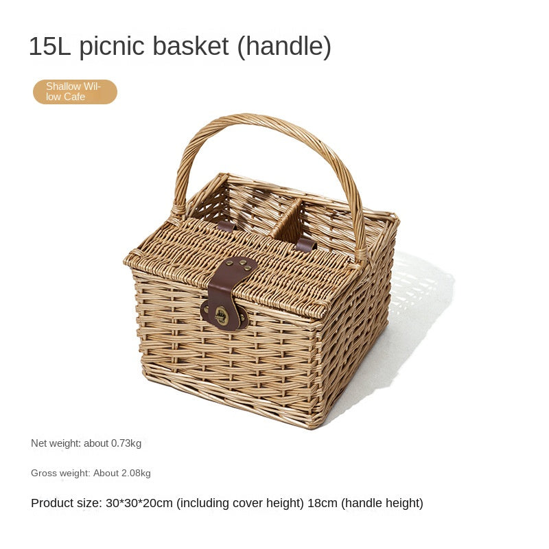 Mobi Garden 15L Woven Picnic Basket Portable Lightweight Wicker Storage Box Outdoor Camping Rattan Food Carrying Container Organizer With Lid Cover MobiGarden