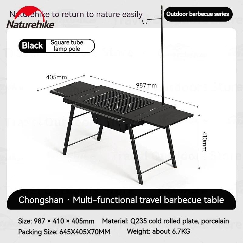 Naturehike Multi-Functional Folding Travel BBQ Grill Table Outdoor Camping Picnic Portable Integrated Built-in Cooking Barbecue Charcoal Grill with Lamp Pole Easy to Clean Nature Hike Chongshan