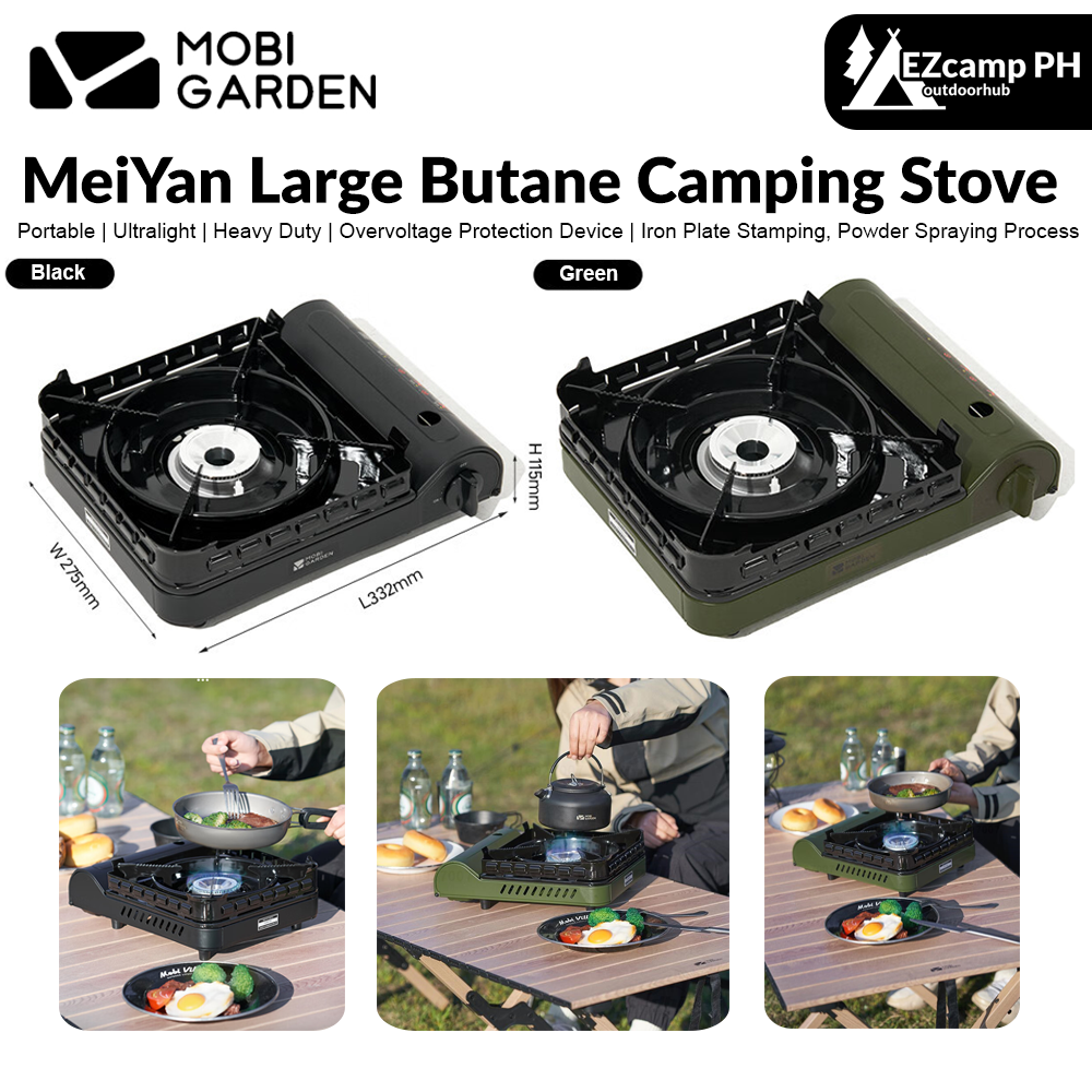 Mobi Garden MeiYan Large Butane Camping Stove Mini Portable Ultralight 3.5KW Firepower With Built-in Windshield Standard Gas Fuel Nozzle Type Canister Hiking Outdoor Cassette Style Travel Cooking Burner With Storage Box Case Black Original Mobigarden