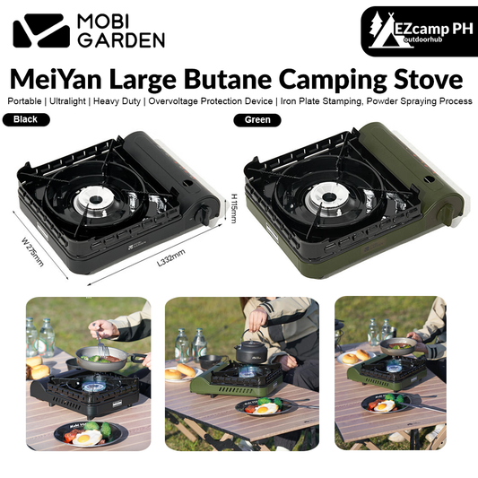 Mobi Garden MeiYan Large Butane Camping Stove Mini Portable Ultralight 3.5KW Firepower With Built-in Windshield Standard Gas Fuel Nozzle Type Canister Hiking Outdoor Cassette Style Travel Cooking Burner With Storage Box Case Black Original Mobigarden