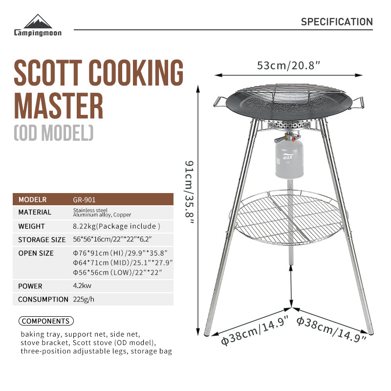 Campingmoon GR Series Skottle Grill Portable Lightweight Party BBQ Griller Standing Grill Butane Gas Stove Tripod Courtyard Outdoor Camping