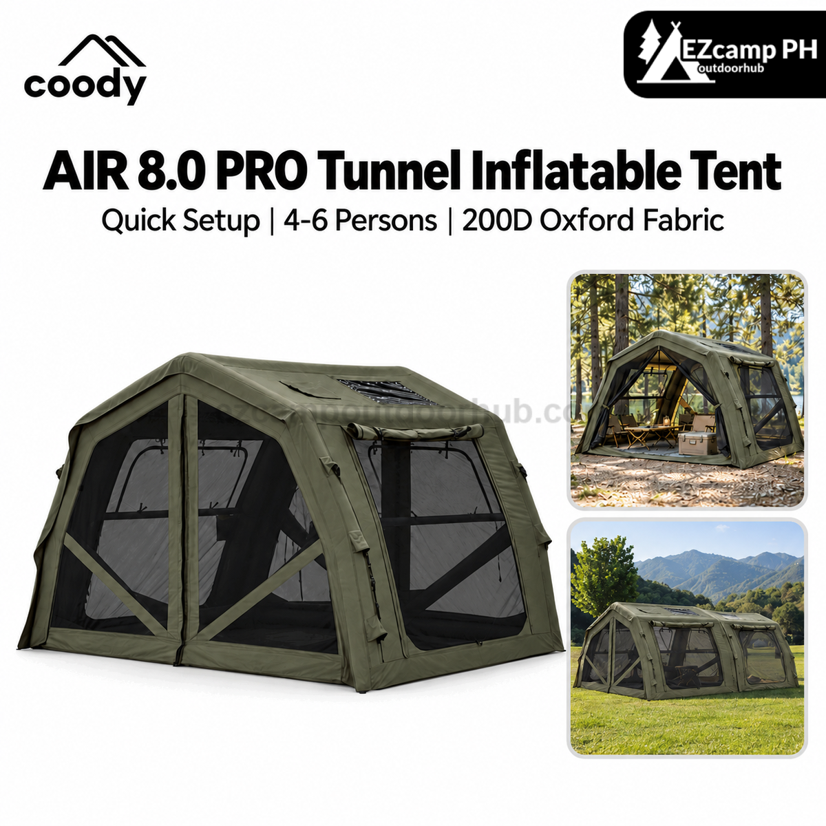 Coody AIR 8.0 PRO Tunnel Inflatable Tent 4-6 Person Waterproof TC Cotton PVC Luxury Camping