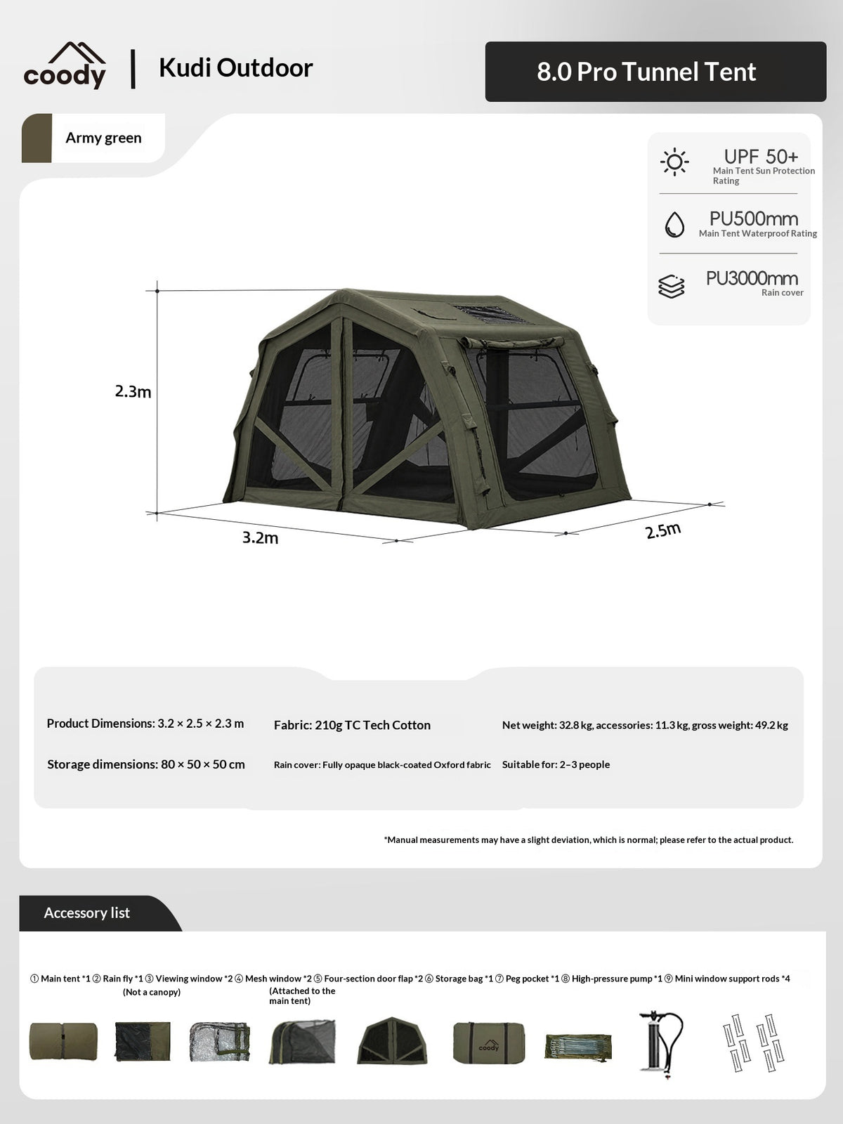 Coody AIR 8.0 PRO Tunnel Inflatable Tent 4-6 Person Waterproof TC Cotton PVC Luxury Camping