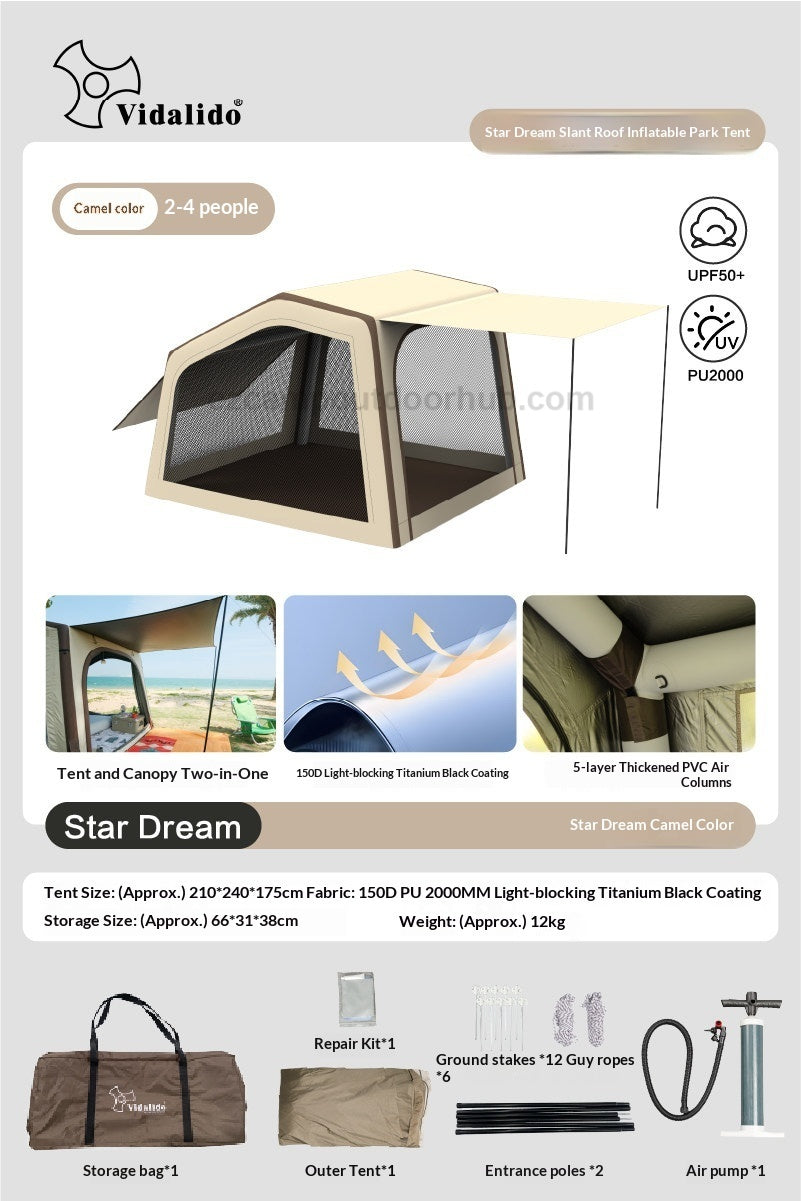 Vidalido STAR DREAM 5.0 Air Inflatable Tent Ti Black Vinyl Coated Sunscreen Waterproof Fast Build PVC Air Poles 7.5m² Interior Space For 2-4 Persons