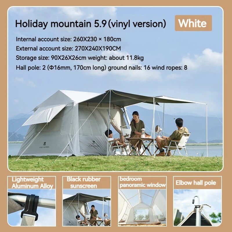 Mobi Garden HOLIDAY 5.9 Fast Build Automatic Cabin Style Tent Upgraded Black Vinyl Coated for 4-5 Person 6m² Large Space Waterproof 2 Door Built-in 2 Canopy Awning Panorama Windows Camping Quick Open Mobigarden village 6.0 ridge hut Mountain Residence