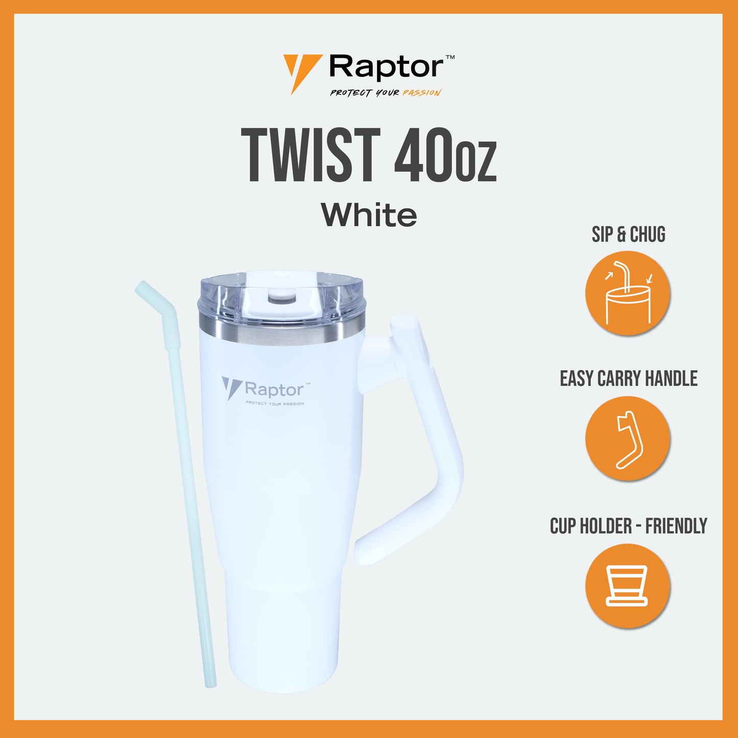 Raptor TWIST 40oz Tumbler Unique Rotating Handle Double-Wall Vacuum Insulation Cup Holder-Friendly Design Rust-Resistant Durability Drinkware