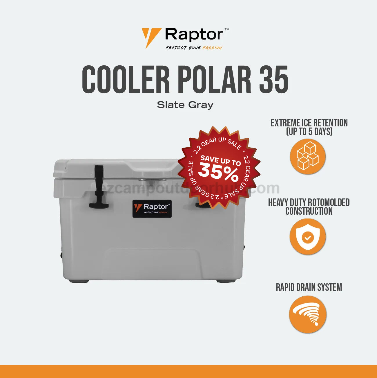 Raptor POLAR Hand Carry 35 35L Large Capacity Food Drink Ice Storage Chest Container Rapid Drain System Extreme Ice Retention Cooler Outdoor