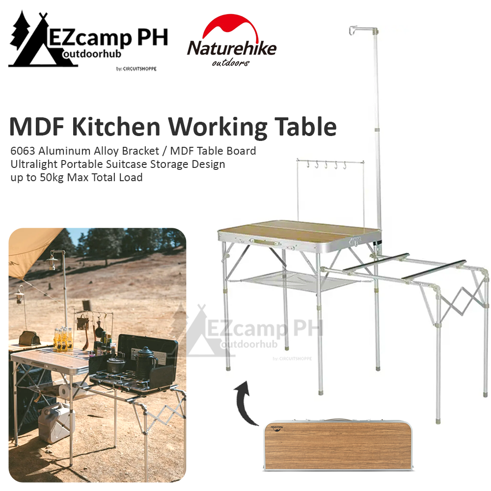 Naturehike MDF Kitchen Working Table Portable Ultralight Suitcase Storage Folding Mobile Kitchen Outdoor Camping Cooking Table Aluminum with Lamp Pole