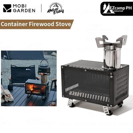 Mobi Garden Container Style Firewood Stove Black Titanium Stainless Steel Fire Wood Outdoor Camping Picnic Tabletop Cooking Heating Heat Resistant Glass Furnace Window Small Burner Mobigarden