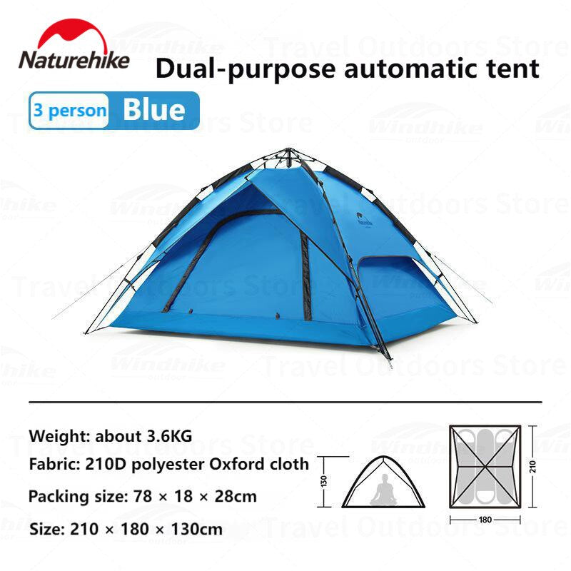 Naturehike Automatic Pop Up Camping Tent Fast Quick Build 3 and 4 Person Dome Style 210D Polyester Waterproof 3000mm Instant Auto Outdoor Shelter