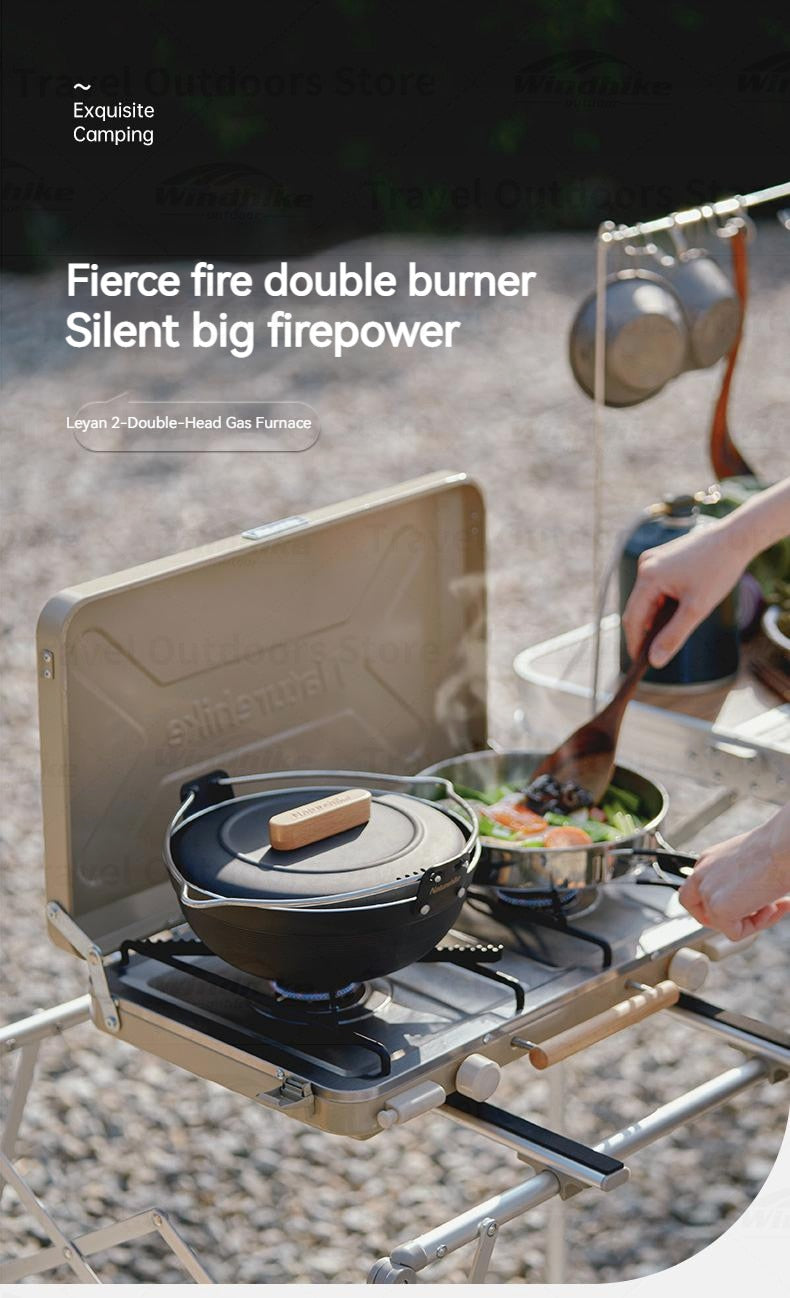 Naturehike LEYAN Double Head Portable Stove Outdoor Camping Kitchen 2 Burner Dual Ignition Butane Gas Burner Windshield Stand 2.5kw Firepower Furnace Canister Fuel Cooking Equipment Folding Storage Nature Hike