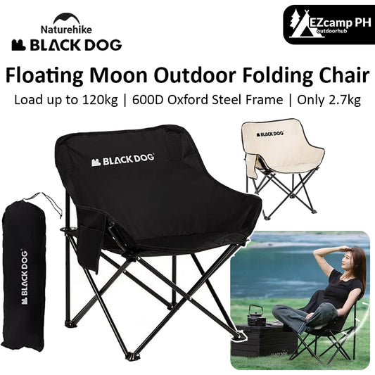 BLACKDOG Black Floating Moon Outdoor Folding Chair Portable Camping 120kg Max Load 600D Oxford Steel Frame Relax Chair with Storage Bag 2.7kg Foldable Ultralight Heavy Duty Black Dog