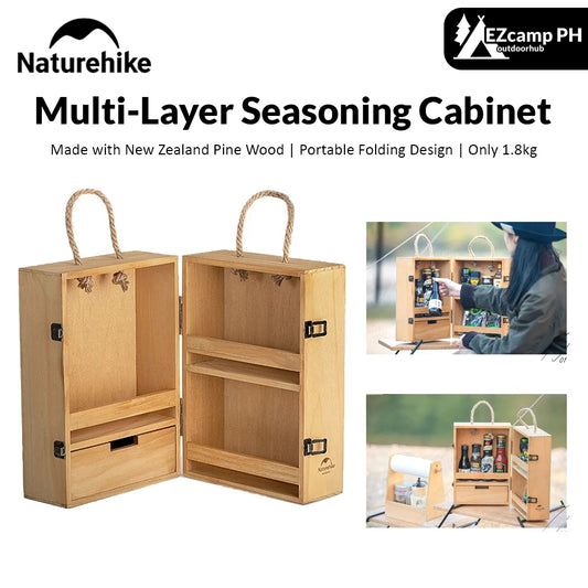 Naturehike Condiments Multi-Layer Storage Box Portable Folding Hemp Rope Belt Seasoning Sauce Solid Wood Cabinet Container Case Outdoor Camping Picnic BBQ Cookware Wooden Box 1.8kg Nature Hike