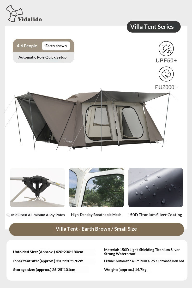 Vidalido VICORE Series Automatic Tent Villa Cabin Style for up to 4-8 Person Small Large Interior Space up to 11m² Waterproof Fast Build 2 Bedroom 2 Layer Black White Black Vinyl Glue Coated Tent