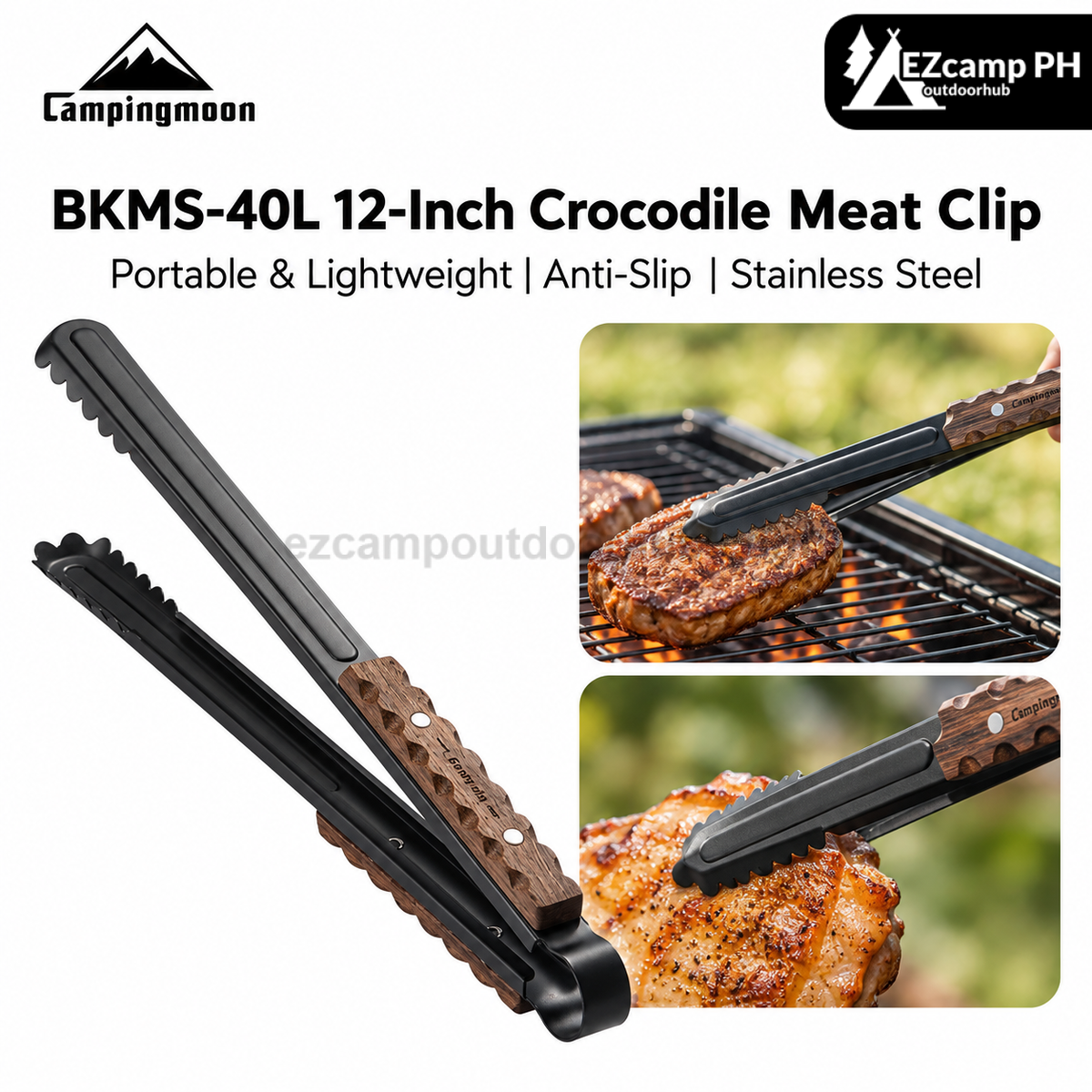 Campingmoon BKMS-40L 12-Inch Crocodile Meat Clip Stainless Steel BBQ Anti-Scalding Wooden Handle