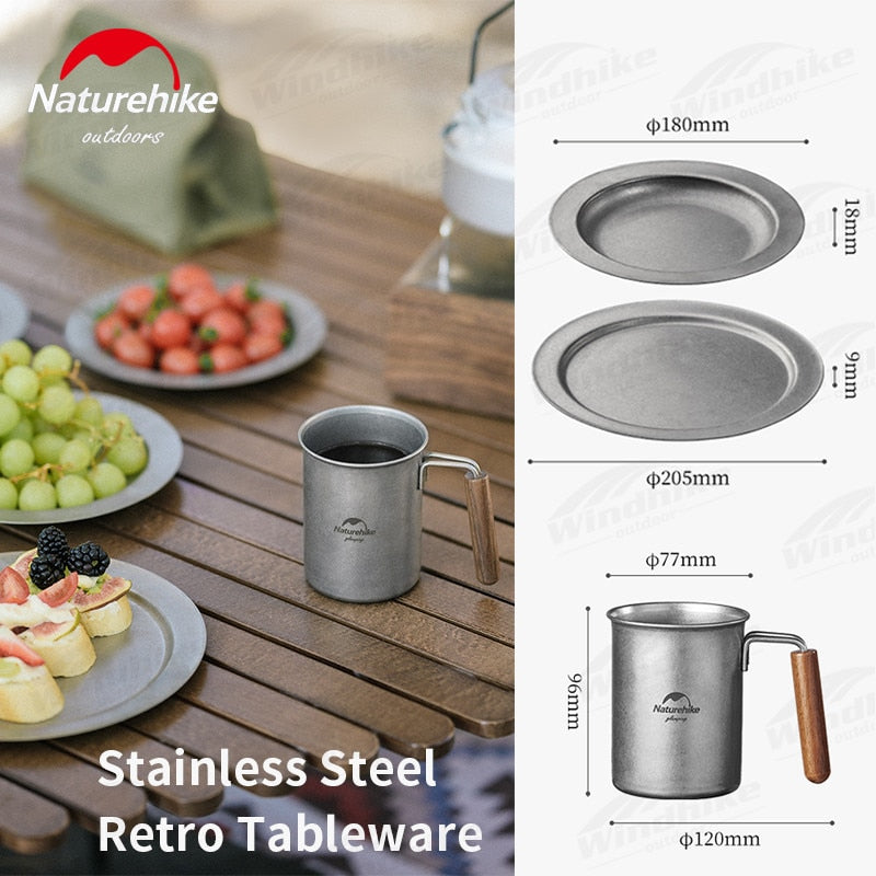 Naturehike Stainless Steel Tableware Outdoor Camping Retro Style Plate Dish Cup Mug Picnic BBQ Dining Utensil Coffee Tea Set Sen Xin