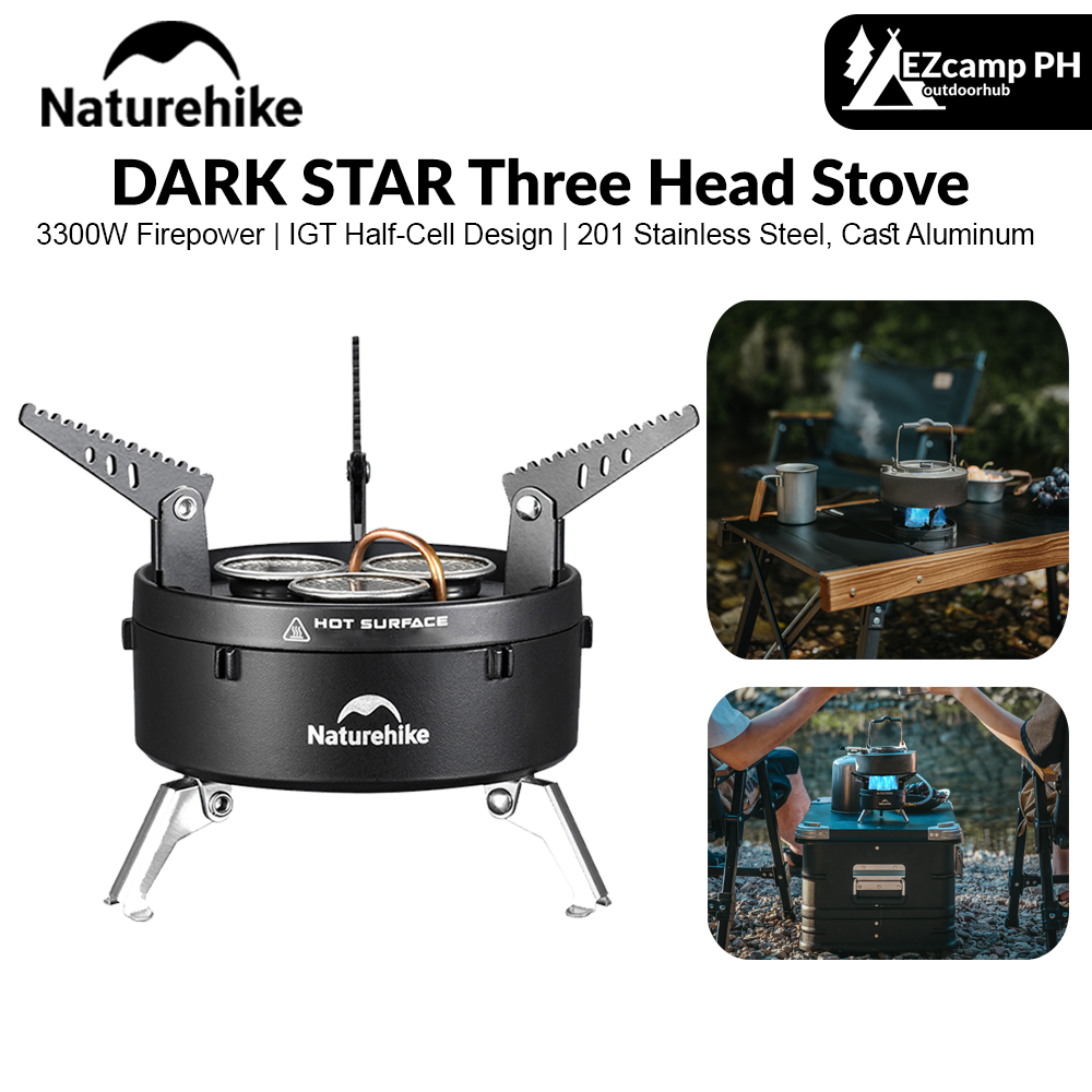 Naturehike DARK STAR Three Head Stove Camping 3300W High Power IGT Gas Stove Portable Foldable Ultralight Burner Furnance Cooker Heater Outdoor Hiking Beach Picnic Travel Heavy Duty Original Nature Hike