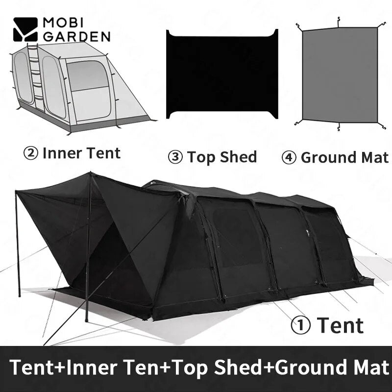 Mobi Garden RANGE ROVER Series 4 Rods Black Tunnel Type Camping Tent 23.1m² Extra Large Space for 8-10 Person up to 2 Bedrooms and 1 Living Room Waterproof Windproof Aviation Pre-Bended Aluminum Poles Outdoor Glamping Luxury Mobigarden LANSHENG