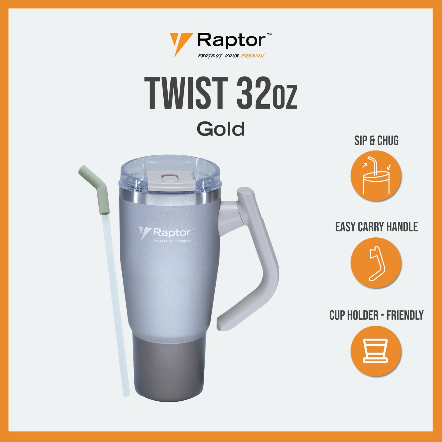 Raptor TWIST 32oz Tumbler Unique Rotating Handle Double-Wall Vacuum Insulation Cup Holder-Friendly Design Rust-Resistant Durability Drinkware