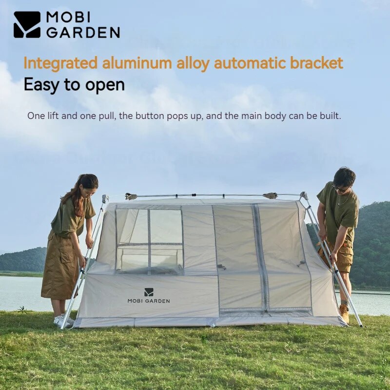 Mobi Garden HOLIDAY 5.9 Fast Build Automatic Cabin Style Tent Upgraded Black Vinyl Coated for 4-5 Person 6m² Large Space Waterproof 2 Door Built-in 2 Canopy Awning Panorama Windows Camping Quick Open Mobigarden village 6.0 ridge hut Mountain Residence