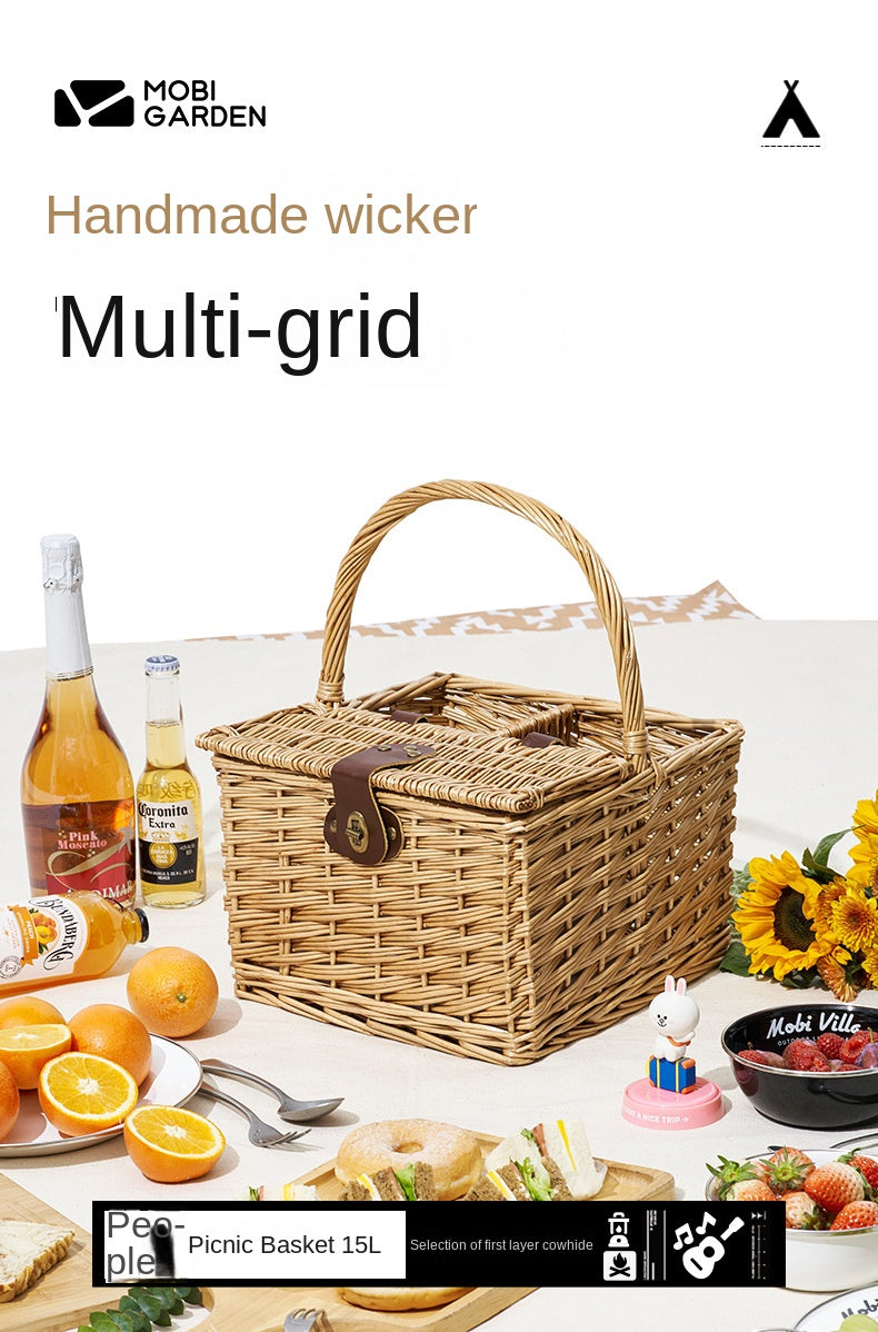 Mobi Garden 15L Woven Picnic Basket Portable Lightweight Wicker Storage Box Outdoor Camping Rattan Food Carrying Container Organizer With Lid Cover MobiGarden