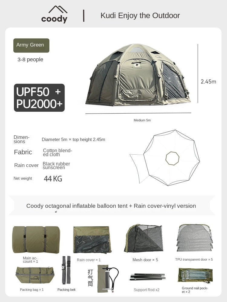 Coody AURORA AIR DOME 17.6 Tent 6-8 Persons Air Inflatable Tent Octagonal Extra Large 17.6m² Interior Space Waterproof Black Vinyl Coated Sunscreen Rain Cover