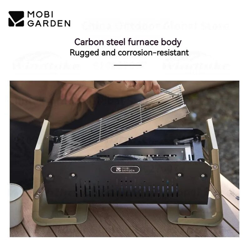 Mobi Garden LeYan Small Desktop BBQ Charcoal Grill Stove Outdoor Camping Picnic Portable Folding Tabletop Burner Ultralight Carbon Steel Body Stainless Steel Grill Net with Storage Bag Mobigarden