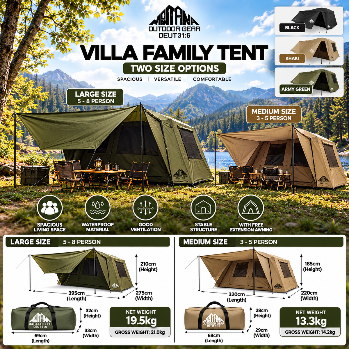 Montana VILLA Cabin Style Family Camping Tent Large Medium 5-8 Person Waterproof Manual Silver Coat