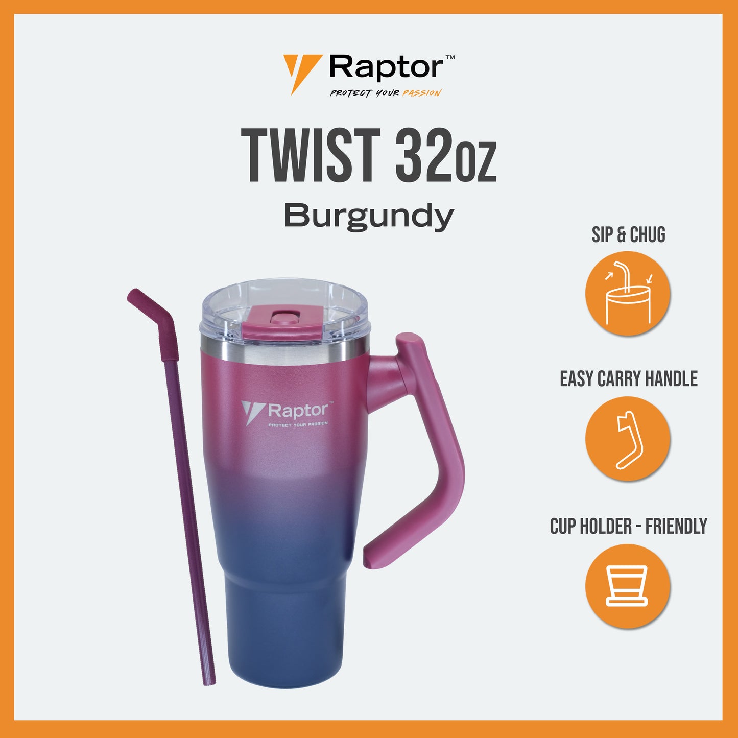 Raptor TWIST 32oz Tumbler Unique Rotating Handle Double-Wall Vacuum Insulation Cup Holder-Friendly Design Rust-Resistant Durability Drinkware