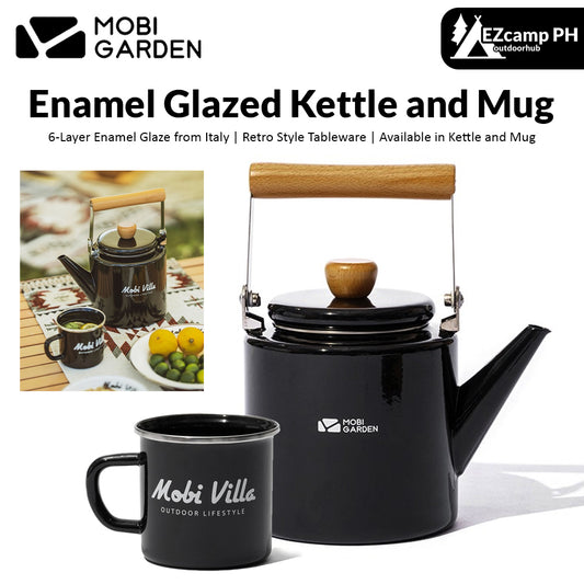 Mobi Garden Enamel Glazed Kettle and Mug 6 Layer Italian Enamelware Retro Classic Aesthetic Style 2L Boiling Water Coffee Tea Cookware Pot Cup Teapot