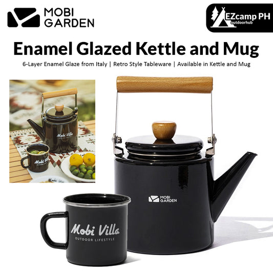 Mobi Garden Enamel Glazed Kettle and Mug 6 Layer Italian Enamelware Retro Classic Aesthetic Style Outdoor Camping Picnic Tableware Utensil 2L Boiling Water Coffee Tea Cookware Pot Cup Heavy Duty Teapot Mobigarden
