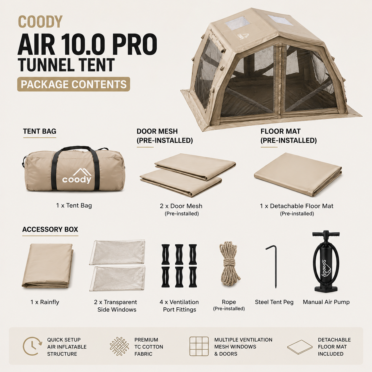 Coody AIR 10.0 PRO Tunnel Air Inflatable Tent Premium Multiple Setup Spacious Family Shelter Easy Setup Outdoor Camping