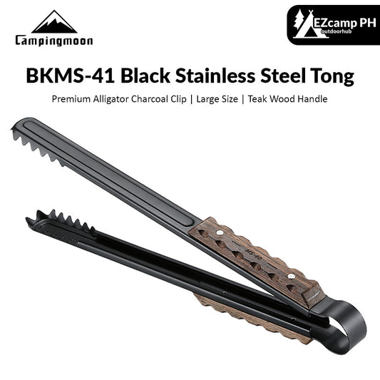 Campingmoon BKMS-41 Black Stainless Steel Premium Charcoal BBQ Grill Tong Alligator Clip Large Size Heat Resistant Teak Wood Handle Outdoor Camping Picnic Tool Camping Moon