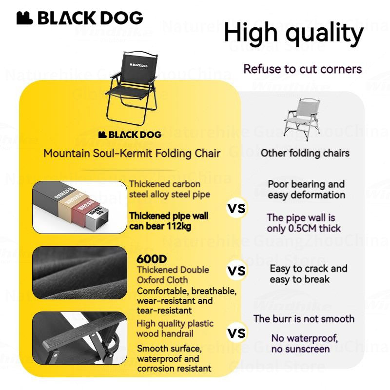 BLACKDOG MOUNTAIN SOUL Black Portable Folding Kermit Chair Travel Ultralight Low High PRO Foldable Chair up to 190kg Max Load Thick Carbon Steel Frame