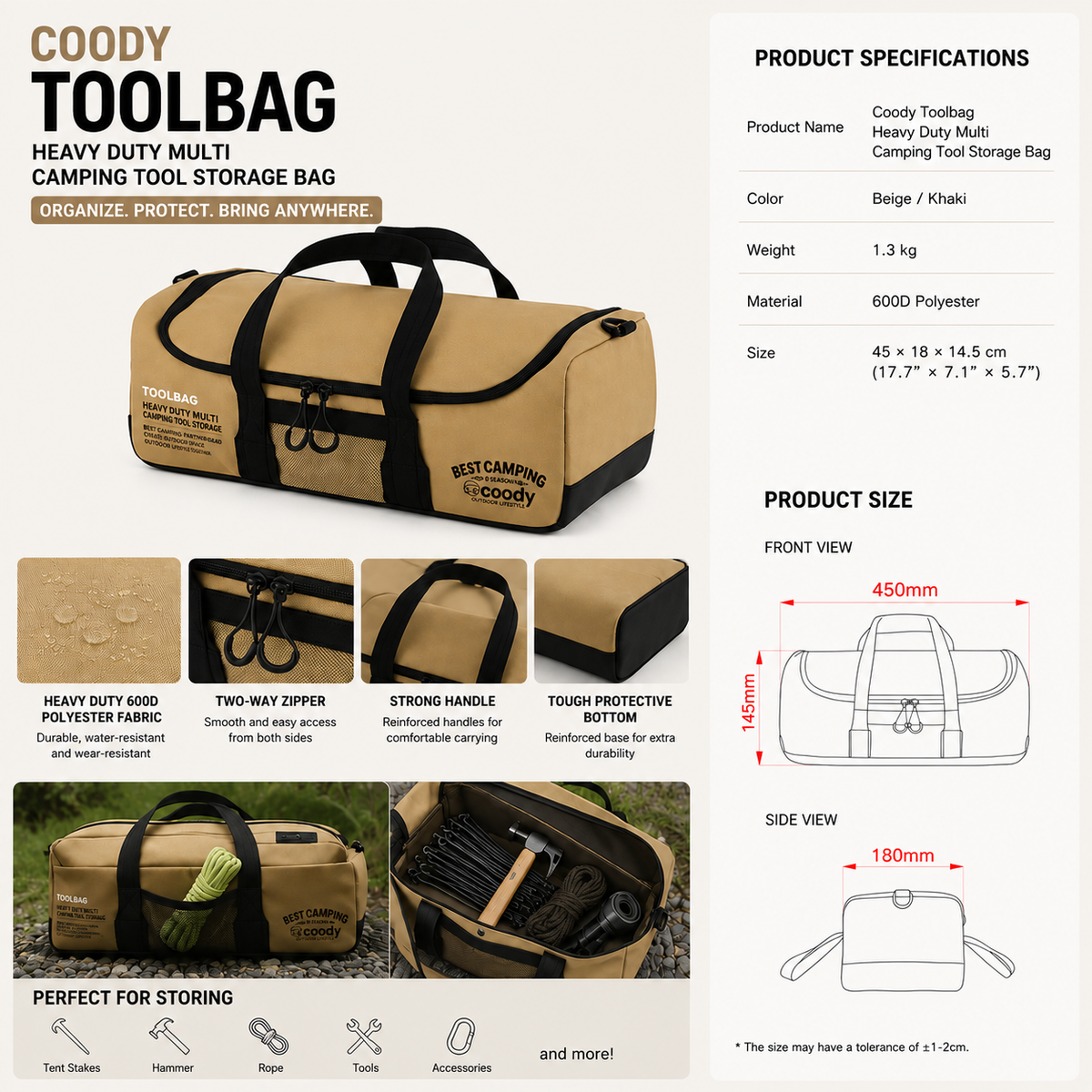 Coody TOOLBAG 11.7L Storage Bag Portable Heavy Duty Camping Tool Storage Bag Hard Pack Organizer For Tent Stakes Pegs Hammer & Outdoor Equipment