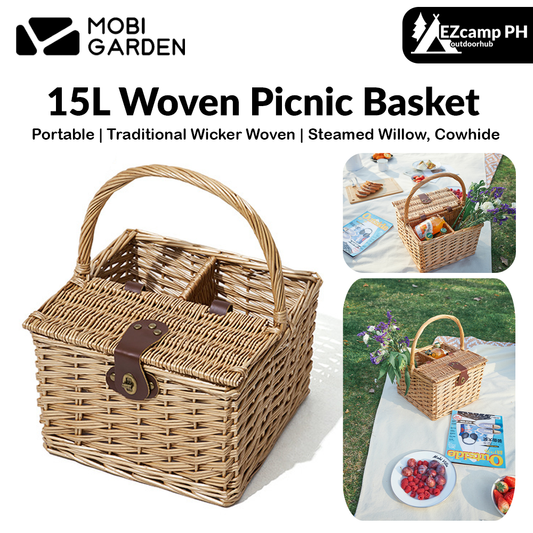 Mobi Garden 15L Woven Picnic Basket Portable Lightweight Wicker Storage Box Outdoor Camping Rattan Food Carrying Container Organizer With Lid Cover MobiGarden