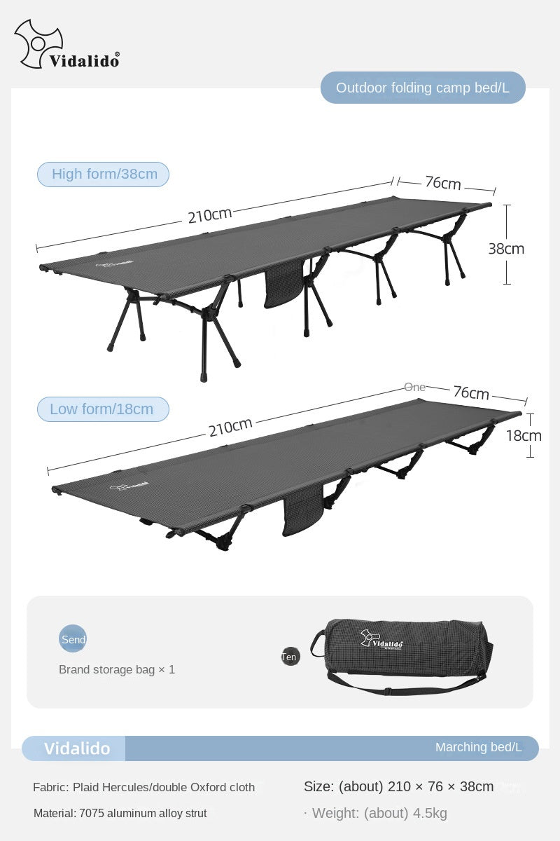 Vidalido Army Cot Outdoor Portable Lightweight Camping Folding Bed Premium 7075 Aluminum Alloy Small Large Size up to 200kg Max Load High Low Foldable Sleeping Gear