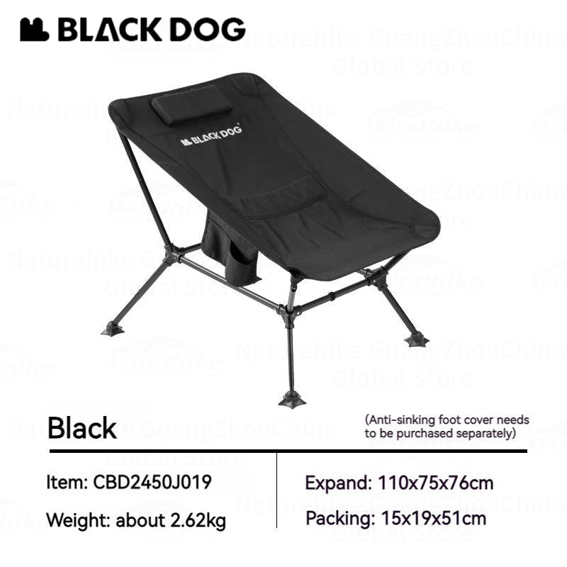 BLACKDOG DREAM MOON Black Lounger Portable Chair Outdoor Camping Ultralight Heavy Duty Reclining Relax Lounging Foldable Chair up to 150kg Max Load