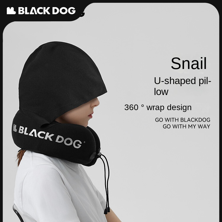 BLACKDOG by Naturehike SNAIL U-Shaped Hooded Memory Foam Black Travel Pillow Comfortable Snug Fit 360° Wrap Design Portable Neck Support Hood Head Cover Headrest with Storage Bag Black Dog Nature Hike