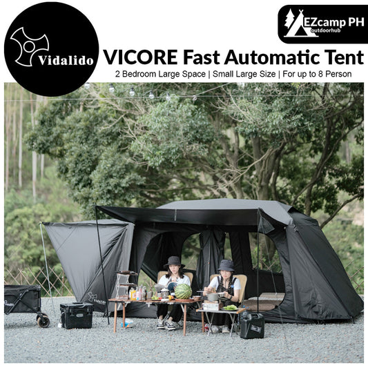 Vidalido VICORE Series Automatic Tent Villa Cabin Style for up to 4-8 Person Small Large Interior Space up to 11m² Waterproof Fast Build 2 Bedroom 2 Layer Black White Black Vinyl Glue Coated Tent