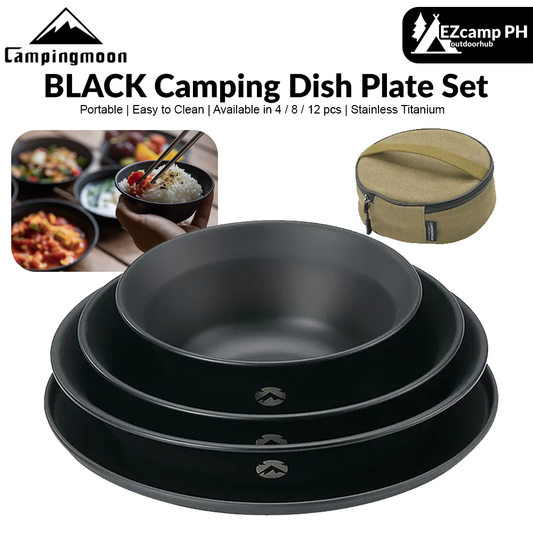 CAMPINGMOON Black Stainless Steel Dining Tableware Set Plate Dish Bowl Titanium Coated Portable Ultralight Camping Picnic Outdoor Dinnerware Utensil with Storage Bag Camping Moon