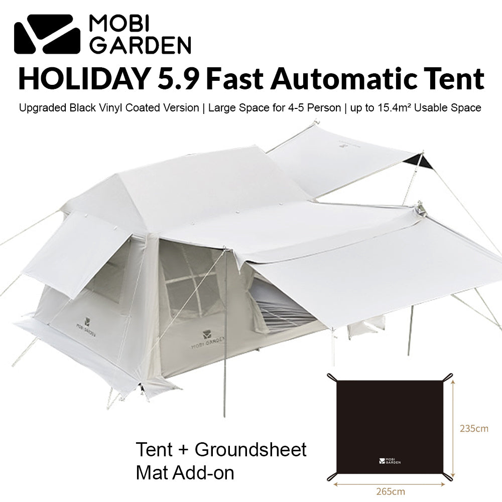 Mobi Garden HOLIDAY 5.9 Fast Build Automatic Cabin Style Tent Upgraded Black Vinyl Coated for 4-5 Person 6m² Large Space Waterproof 2 Door Built-in 2 Canopy Awning Panorama Windows Camping Quick Open Mobigarden village 6.0 ridge hut Mountain Residence