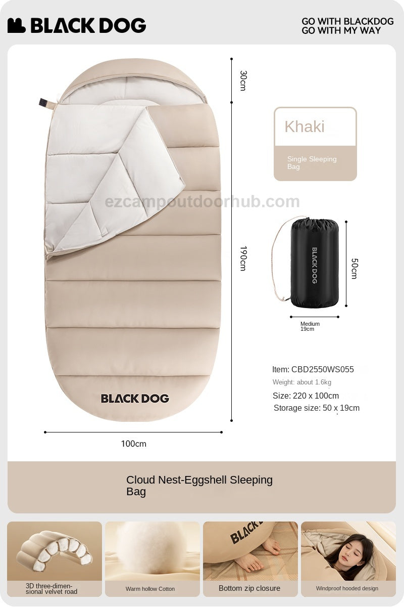 Blackdog CLOUD NEST Eggshell Sleeping Bag Portable Multipurpose Warm Comfortable Adult Hooded Quilt Bottom Opening Design Skin-Friendly Outdoor Camping Travel