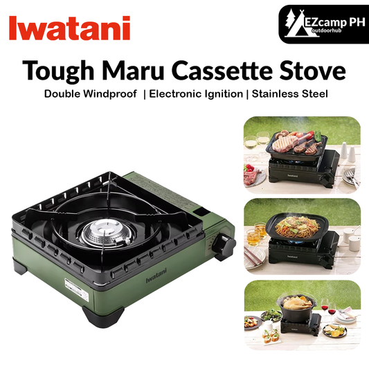 Iwatani Tough Maru Cassette Stove Portable Lightweight Butane Canister Stove with Integrated Double Windshield With Storage Case Made in Japan Toughmaru